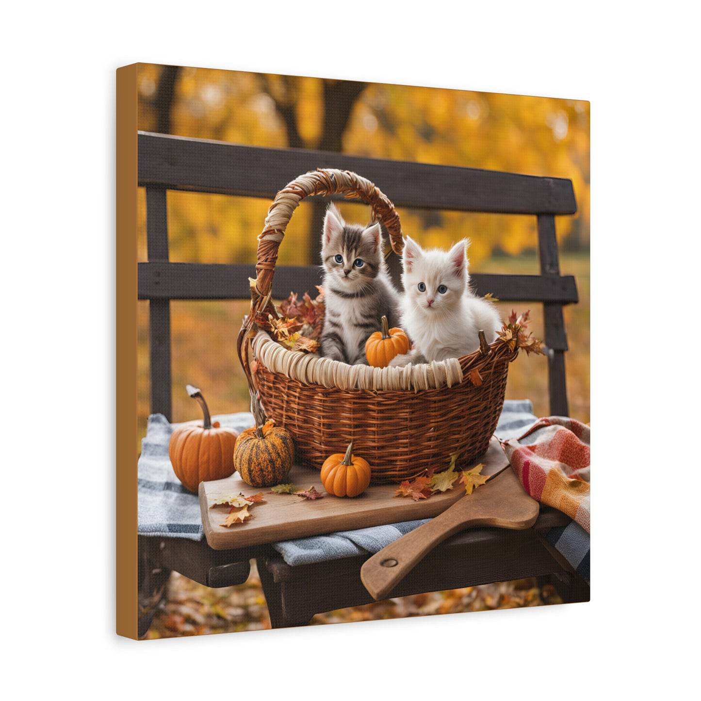 Kittens in Basket Fall Print Wall Art | Matte Canvas, Stretched, 1.25" | Cat Lover | Autumn | Pumpkins |