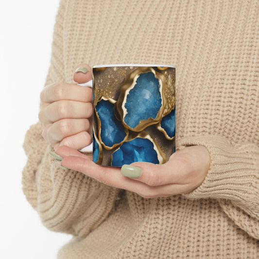 Blue and Gold Crystal Design Coffee Tea Hot Chocolate Mug Cottage Core Boho Agate Gift for Her Nature Lover Gift Geology Rock Lover Gift