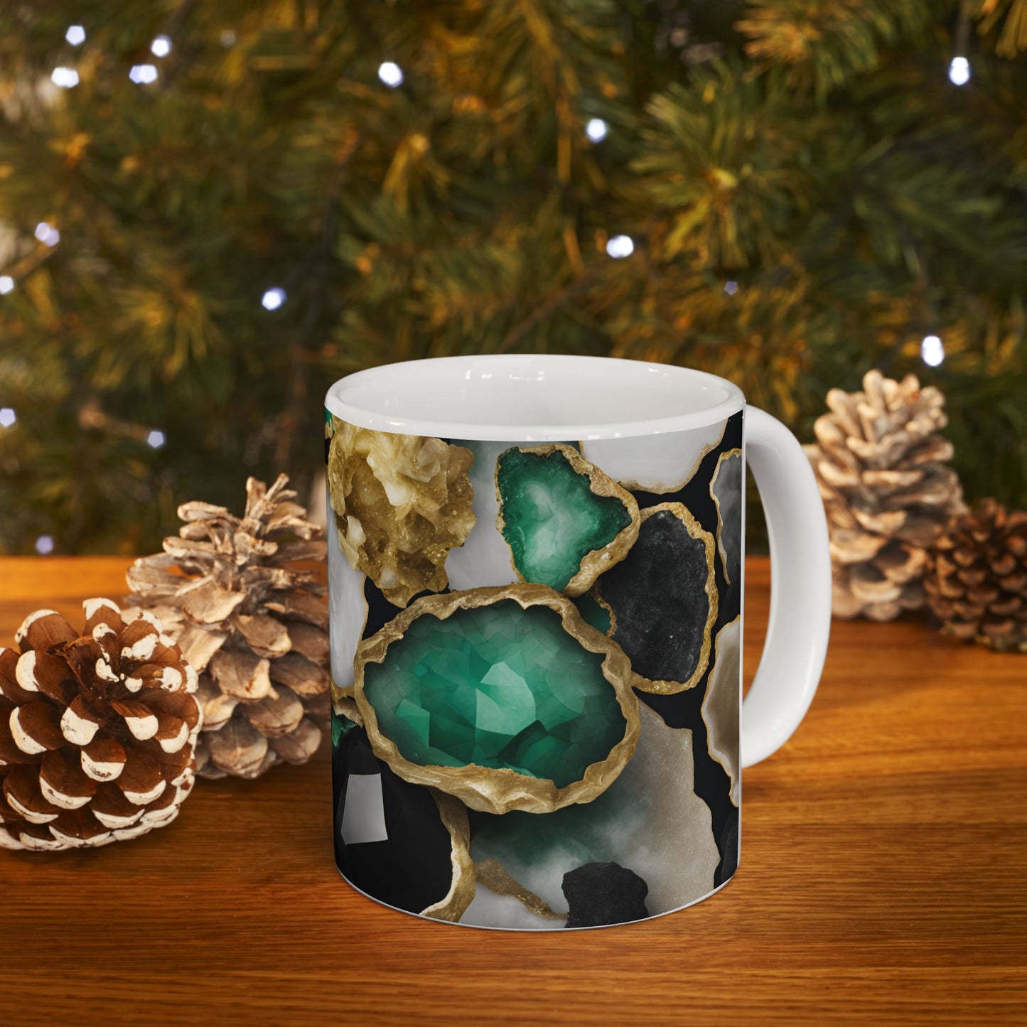 Black, White, Emerald Green and Gold Crystal Geode Design Coffee Tea Mug Boho Gemologist Gift Nature Lover Marble Rock Agate Geology Gift