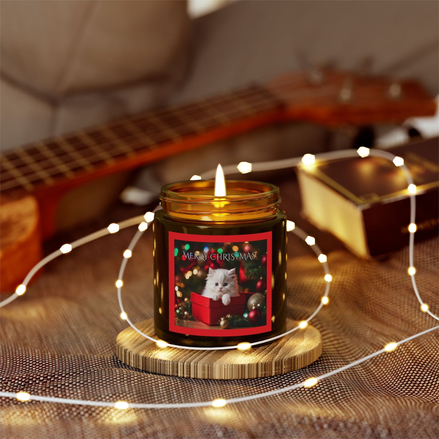 Merry Christmas Kitten Under the Tree Scented Candles Holiday Winter Candle Gift Mason Jar Candle Coconut Apricot Wax (4oz, 9oz)