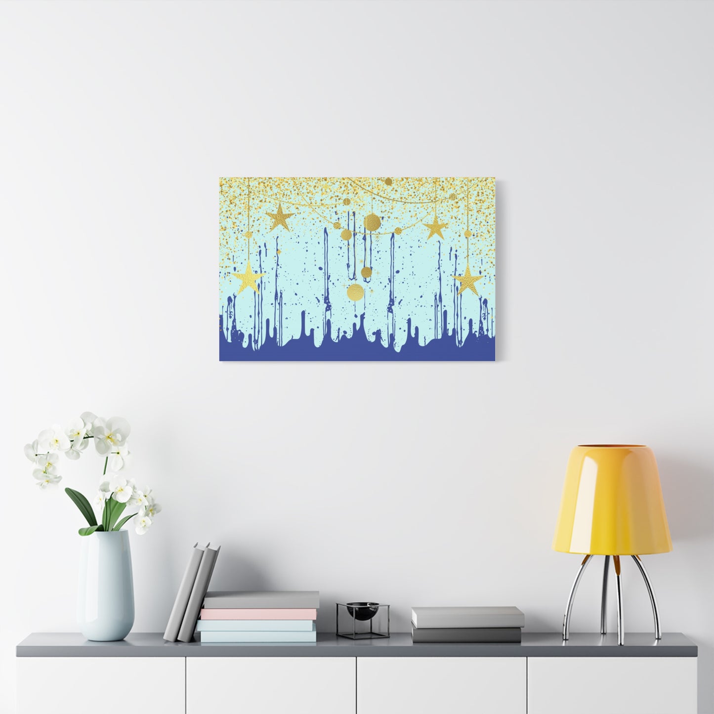 Elegant Abstract Star Print Wall Art | Matte Canvas, Stretched 1.25" | Paint Splatter | Modern | Blue and Gold |