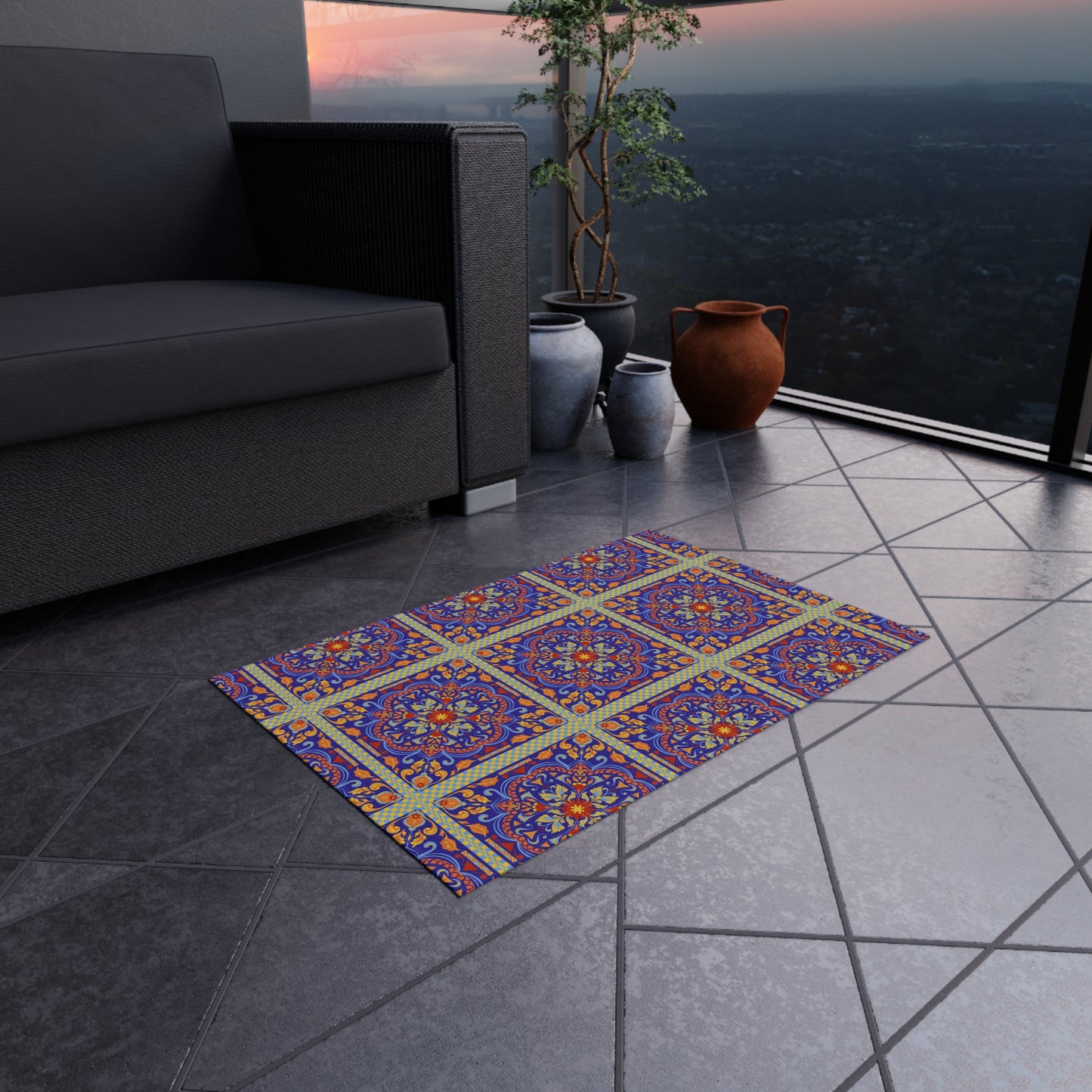 Chenille Print Pattern Outdoor Rug with No-Skid Backing Cozy Outdoor Carpet Patio Decor Gazebo Rug Pool Area Decor Outdoor Kitchen Carpet