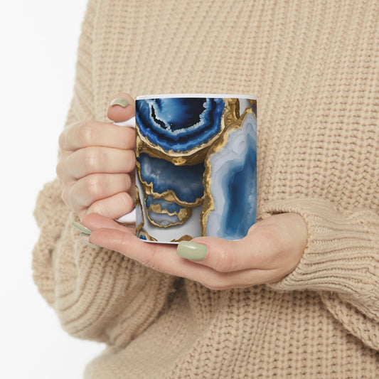 Blue and Gold Crystal Geode Design Coffee Tea Mug Cottage Core Boho Gemologist Gift for Nature Lover Marble Rock Agate Geology Gift