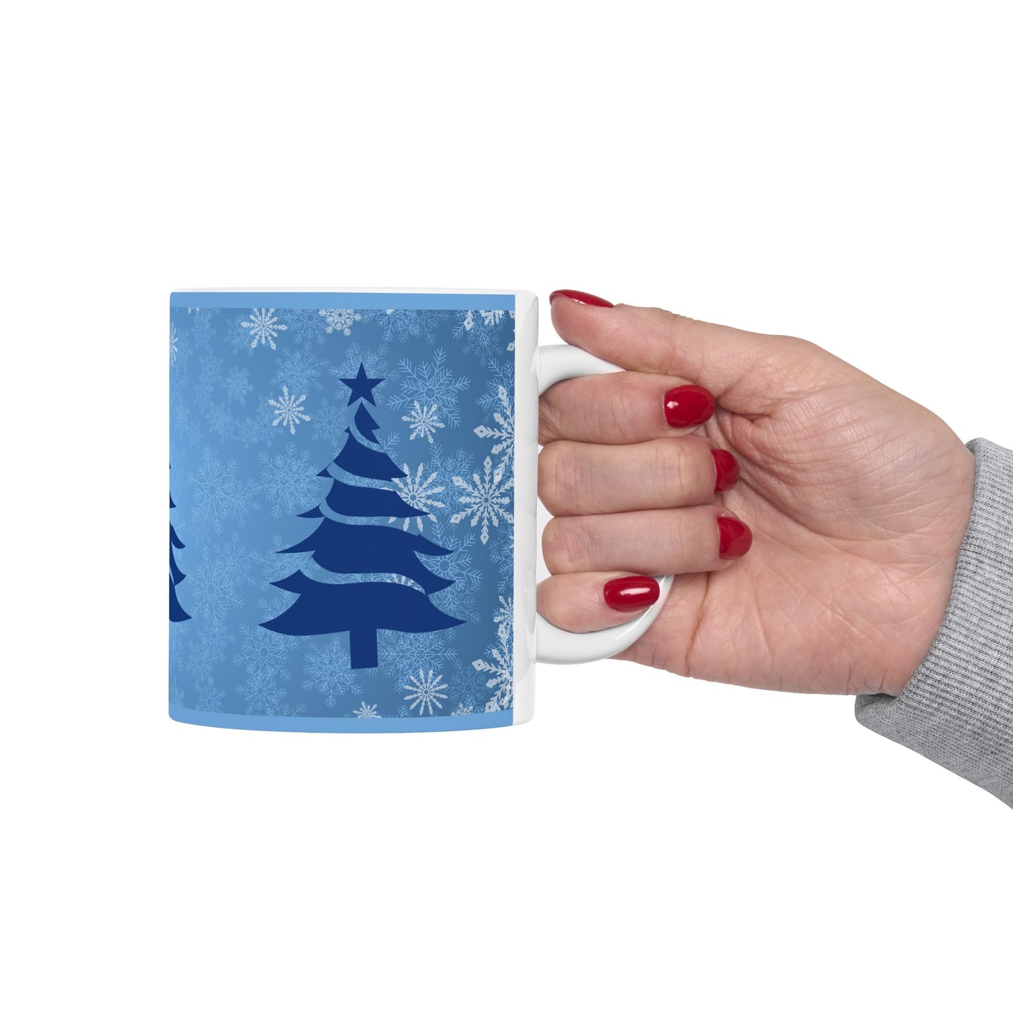 Blue and White Christmas Tree Snowflake Ceramic Coffee Tea or Hot Chocolate Holiday Gift 11 oz Mug