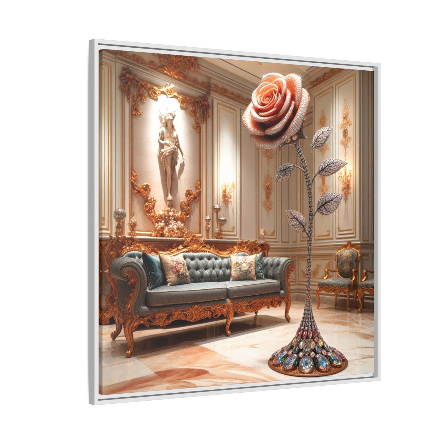 Bejeweled Rose Framed Canvas Print Wall Art Unique Fashion Designer Haute Couture Fashionista Flower Lover Gift Decor 3 Frame Colors