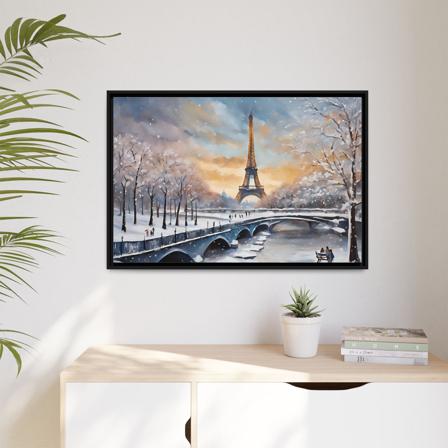 Eiffel Tower in Winter Print Wall Art Matte Stretched Canvas Paris Lover Gift Winter in France, 3 frame colors to choose from