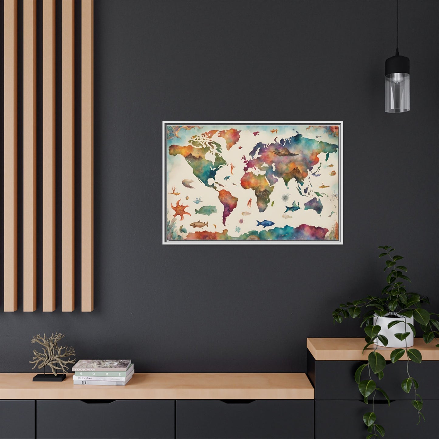 Unique Modern Art Style Colorful Marine Life Themed Global World Map Oceanic Print Matte Canvas Wall Art 3 frame colors to choose from