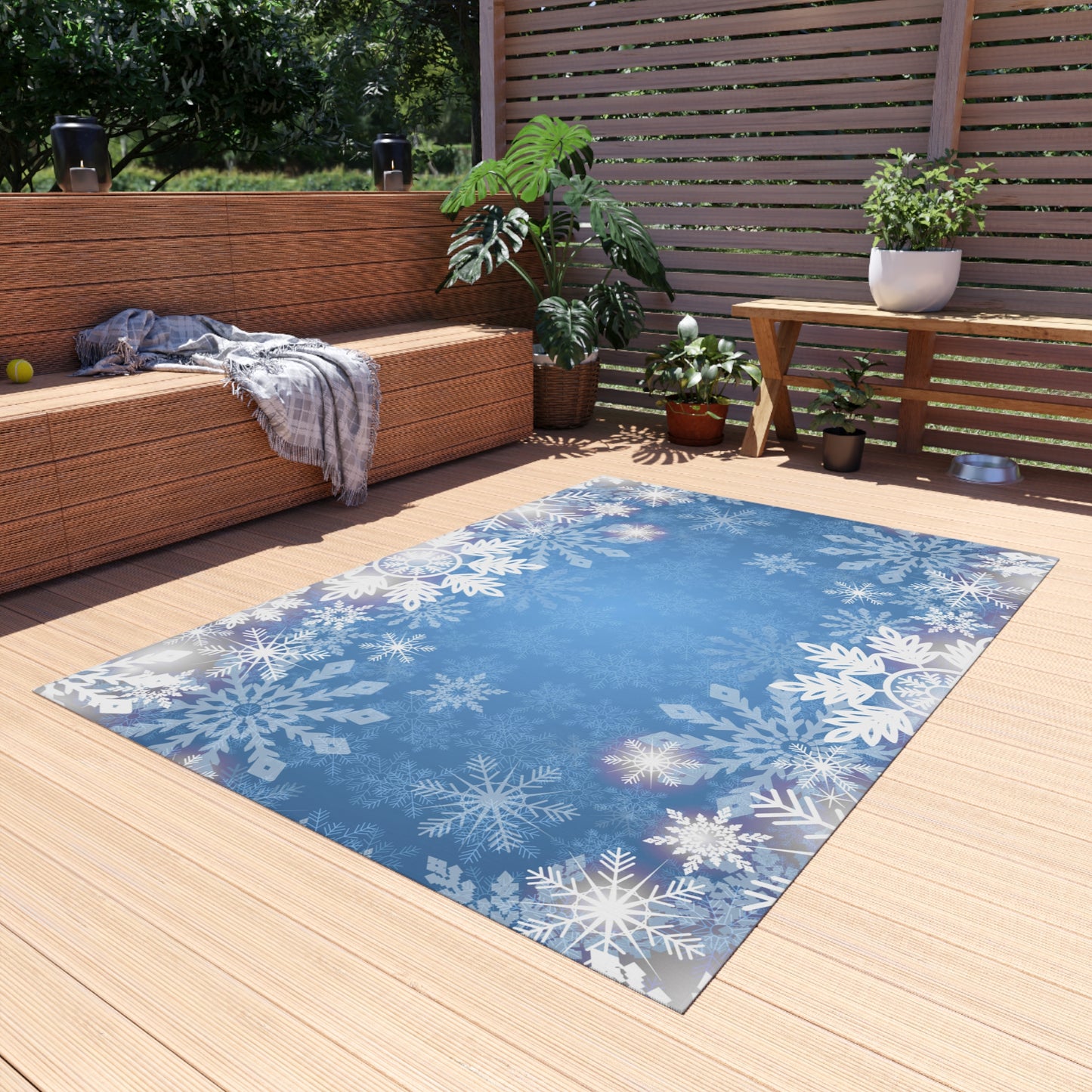 Snowflake Print Chenille Outdoor Rug with No-Skid Backing Cozy Outdoor Carpet Patio Decor Gazebo Rug Pool Area Decor Outdoor Kitchen Carpet