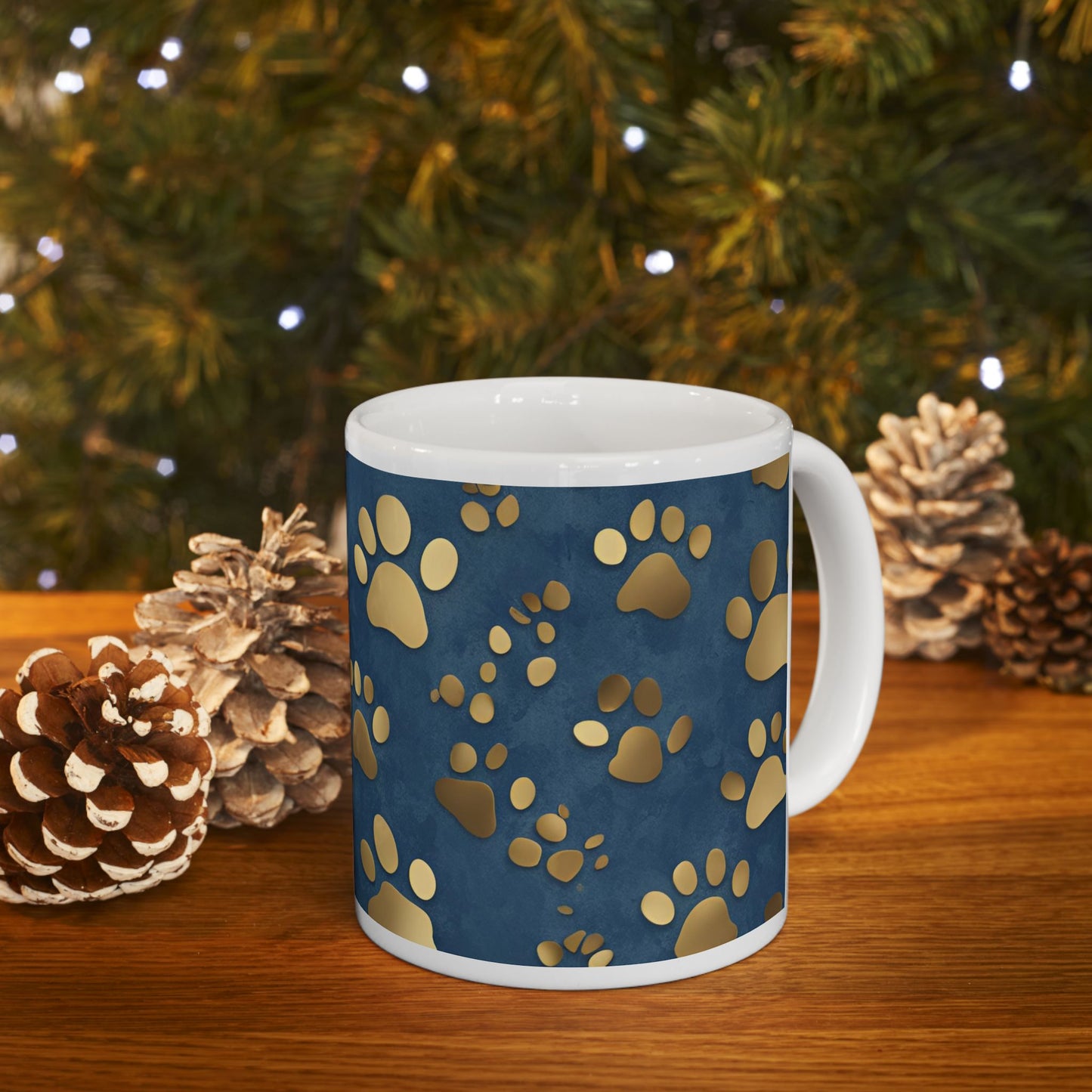 Cute Dog or Cat Paw Print Blue and Gold Ceramic Coffee Tea or Hot Chocolate Mug