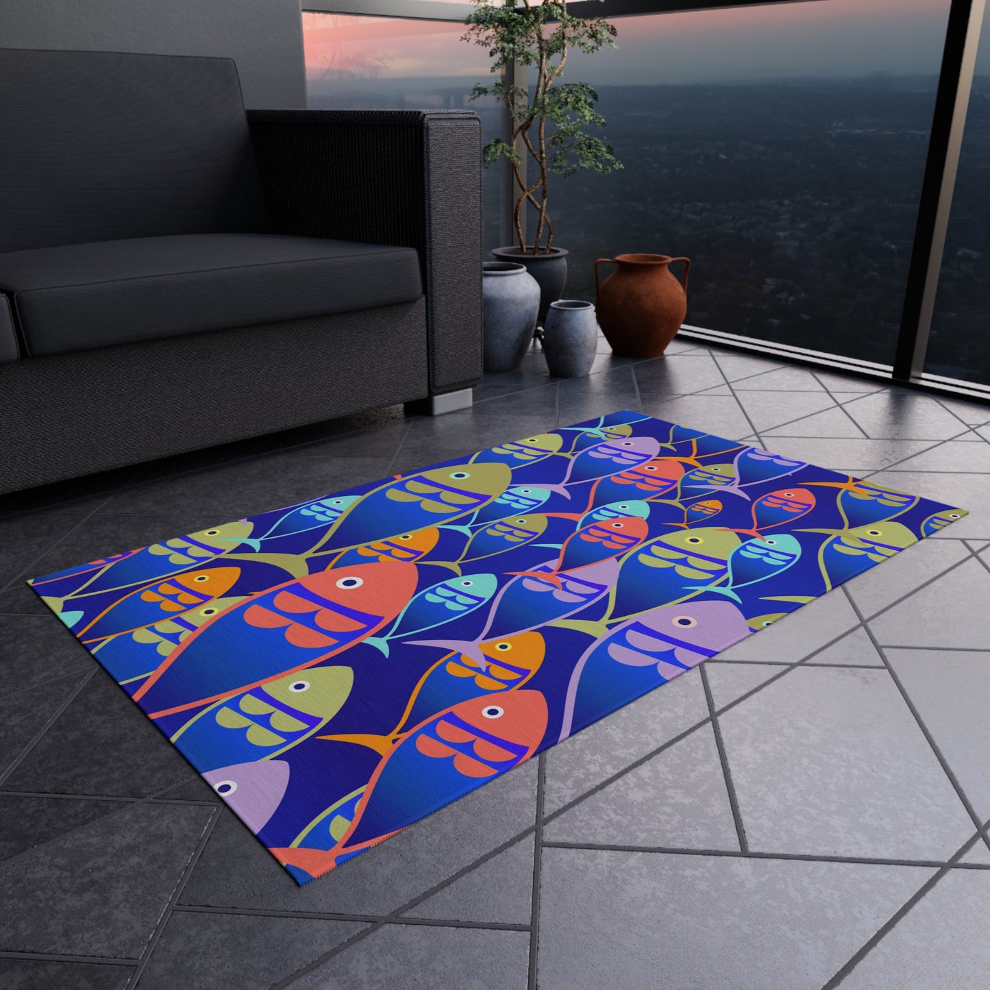 Fish Design Chenille Outdoor Rug with No-Skid Backing Cozy Outdoor Patio Carpet Oceanic Decor Gazebo Rug Pool Area Decor Kitchen Carpet