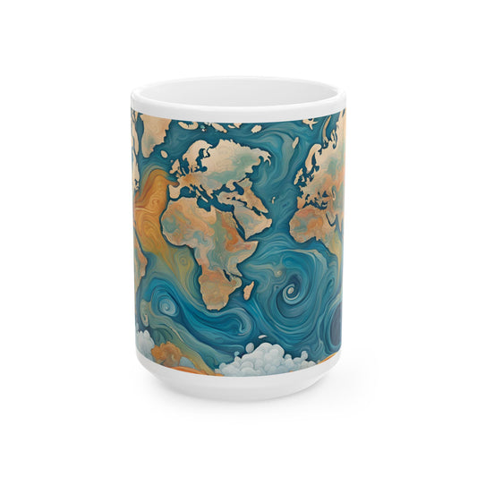 Modern World Map Cottagecore 15-oz Coffee Mug Pastel Nature Mug Tea Cup Traveller Gift for Her