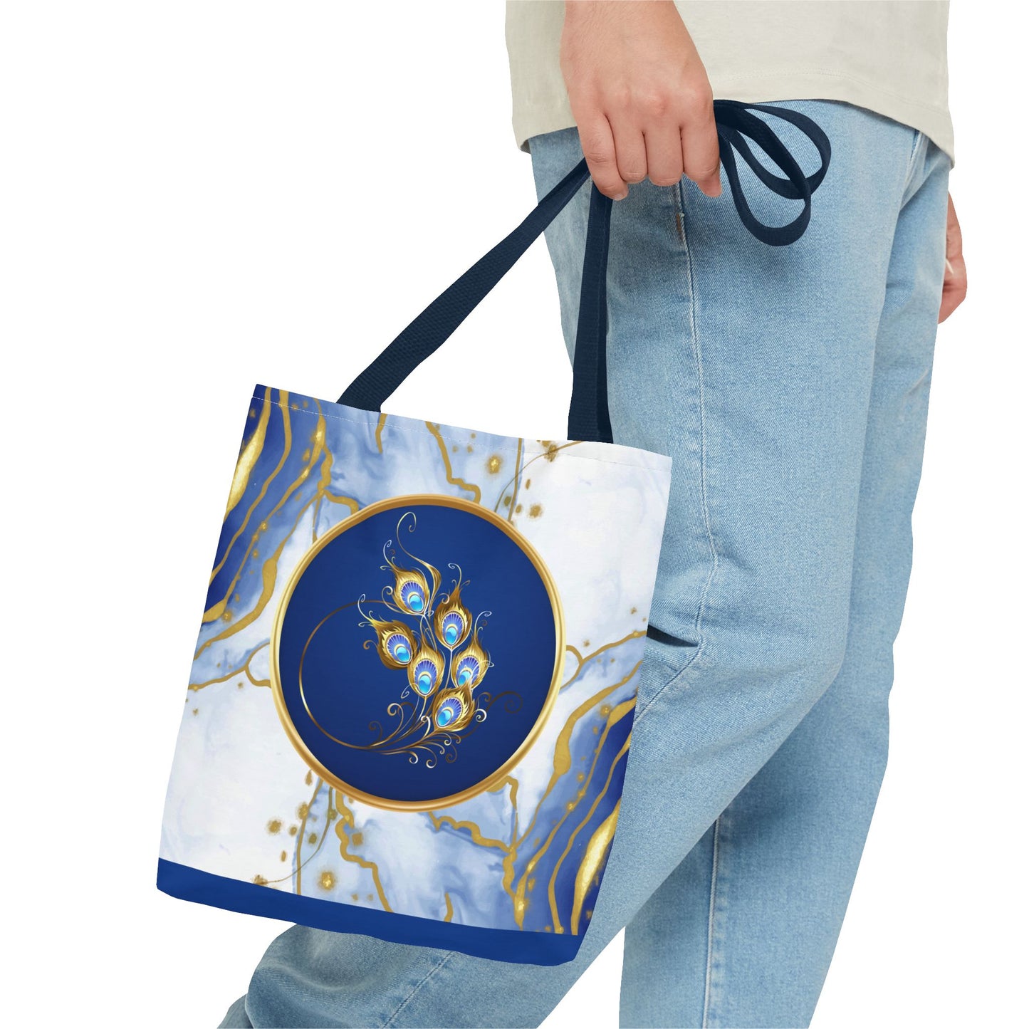 Abstract Peacock Feather Tote Bag | Carryall | Modern Art | Blue and Gold Marble | Art Lover Gift |