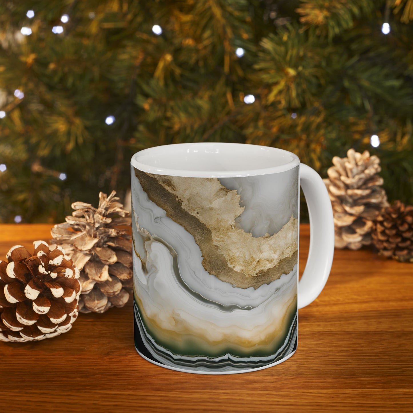 Black, White, Emerald Green and Gold Crystal Marble Design Coffee Tea Mug Boho Gemologist Gift Nature Lover Marble Rock Agate Geology Gift