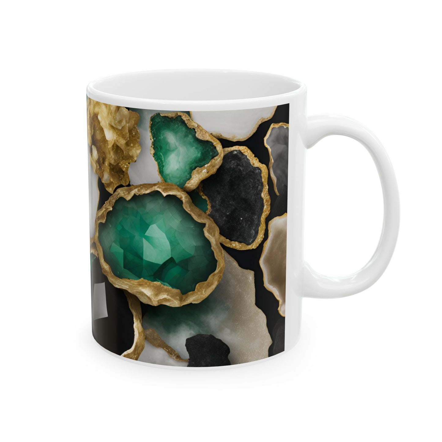 Black, White, Emerald Green and Gold Crystal Geode Design Coffee Tea Mug Boho Gemologist Gift Nature Lover Marble Rock Agate Geology Gift