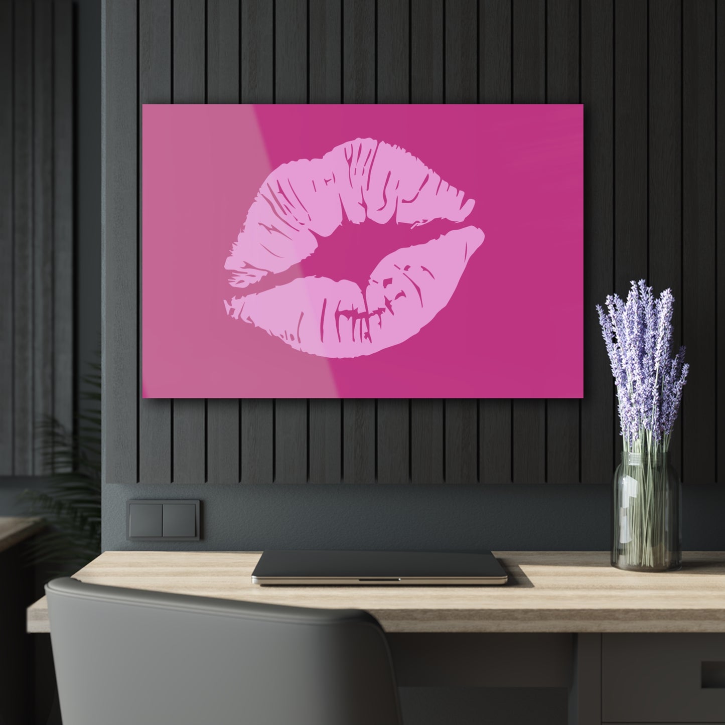 Large Pink Kissy Lips Acrylic Print with French Cleat Fashion Lover Wall Art Lipstick Gift Cosmetics Lover Artwork Modern Kiss Home Decor