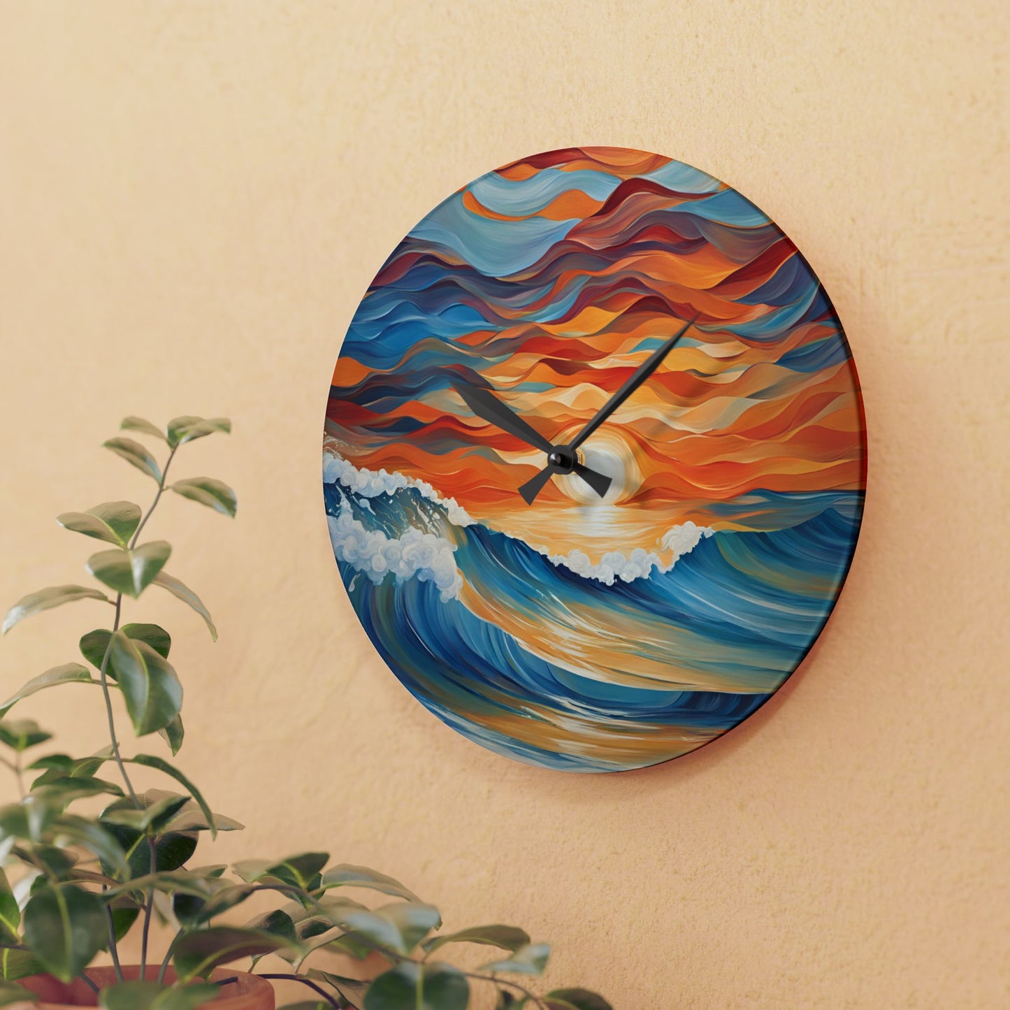 Modern Ocean Waves Design Acrylic Clock Unique Colorful Wall Clock for Kitchen or Living Room Nature Lover Gift Sunrise Sunset Image