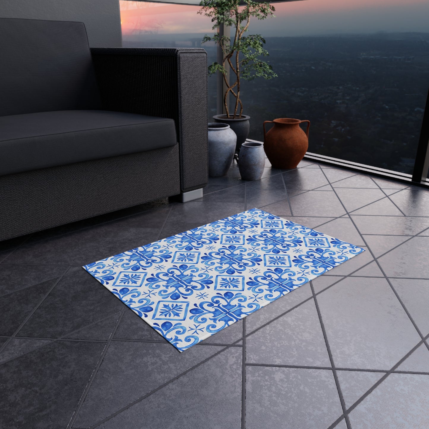 Chenille Print Pattern Outdoor Rug with No-Skid Backing Cozy Outdoor Carpet Patio Decor Gazebo Rug Pool Area Decor Outdoor Kitchen Carpet
