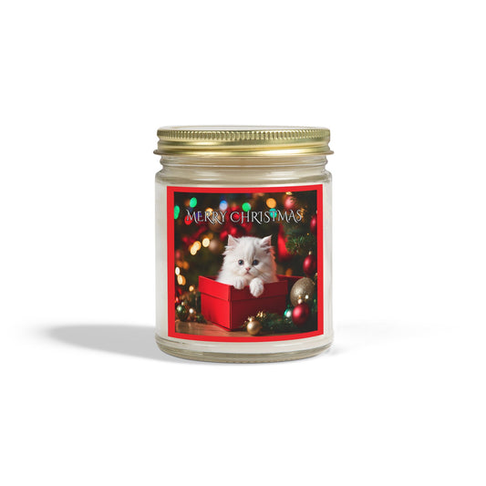 Merry Christmas Kitten Under the Tree Scented Candles Holiday Winter Candle Gift Mason Jar Candle Coconut Apricot Wax (4oz, 9oz)