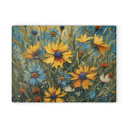 Kitchen Decor Glass Cutting Board Serving Tray with Daisy Design Pattern Cutting Board Gift for Home Cook Charcuterie Board