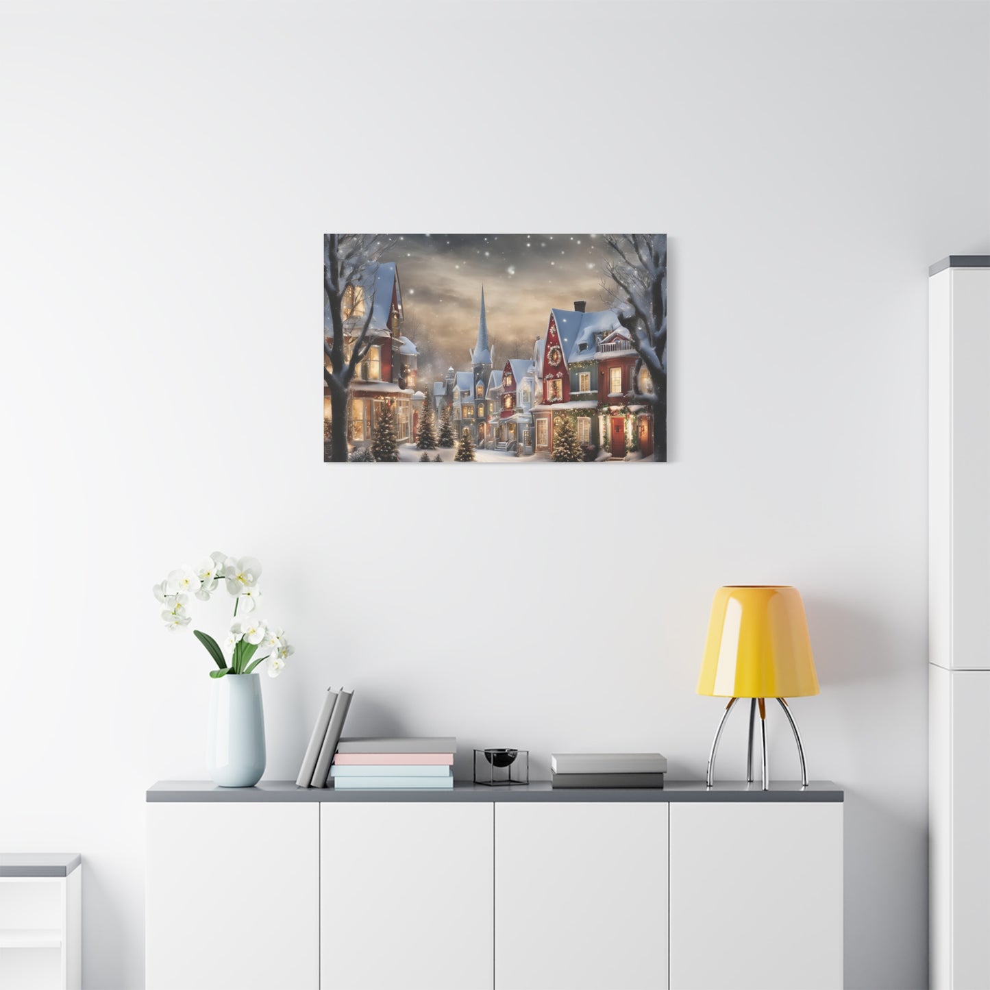Country Town Winter Scene Print Wall Art | Matte Canvas, Stretched, 1.25" | Holiday Themed Gift
