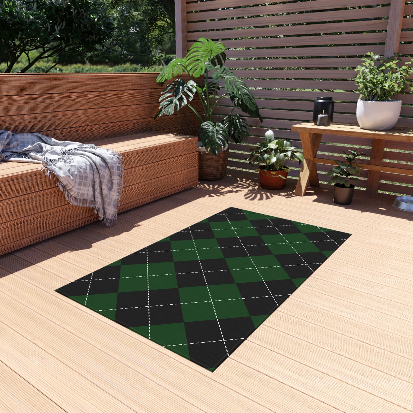 Checker Pattern Chenille Outdoor Rug with No-Skid Backing Cozy Outdoor Carpet Patio Decor Gazebo Rug Pool Area Decor Outdoor Kitchen Carpet