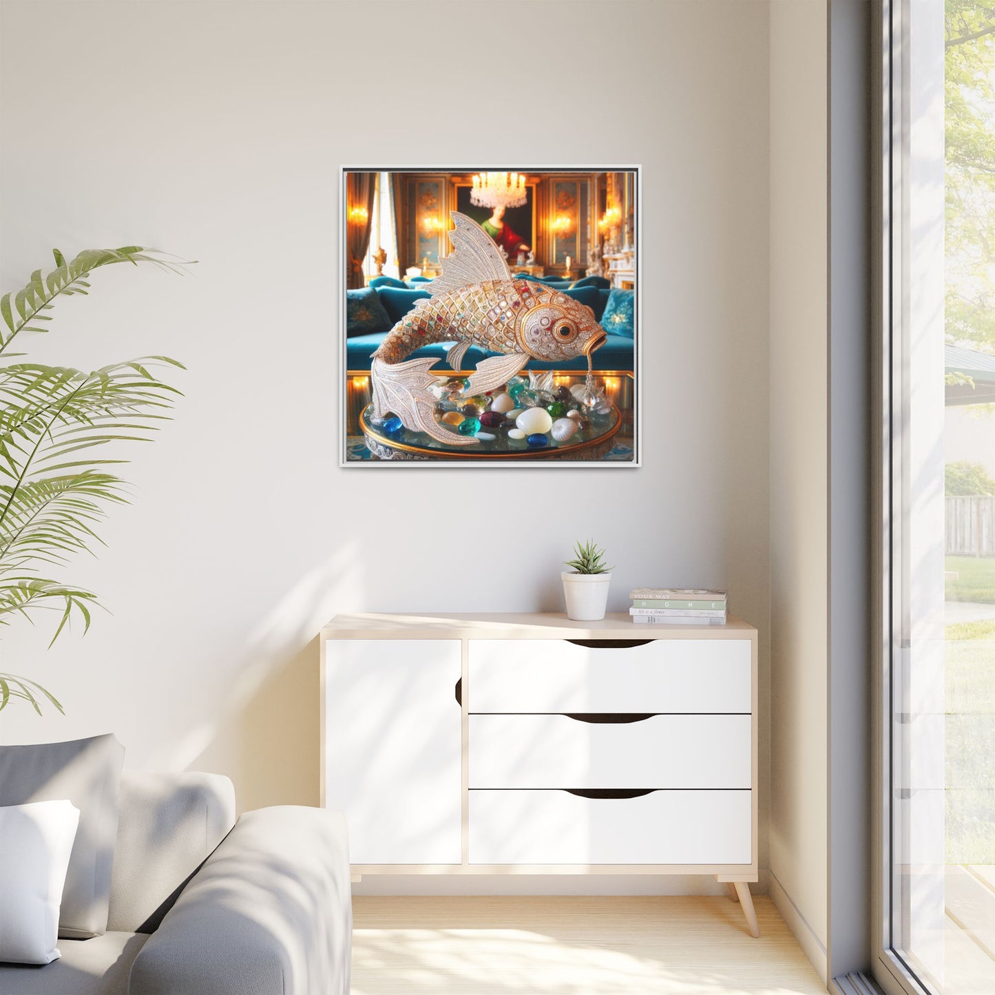 Bejeweled Koi Fish Framed Canvas Print Wall Art Unique Fashion Designer Haute Couture Fashionista Animal Lover Gift Decor 3 Frame Colors