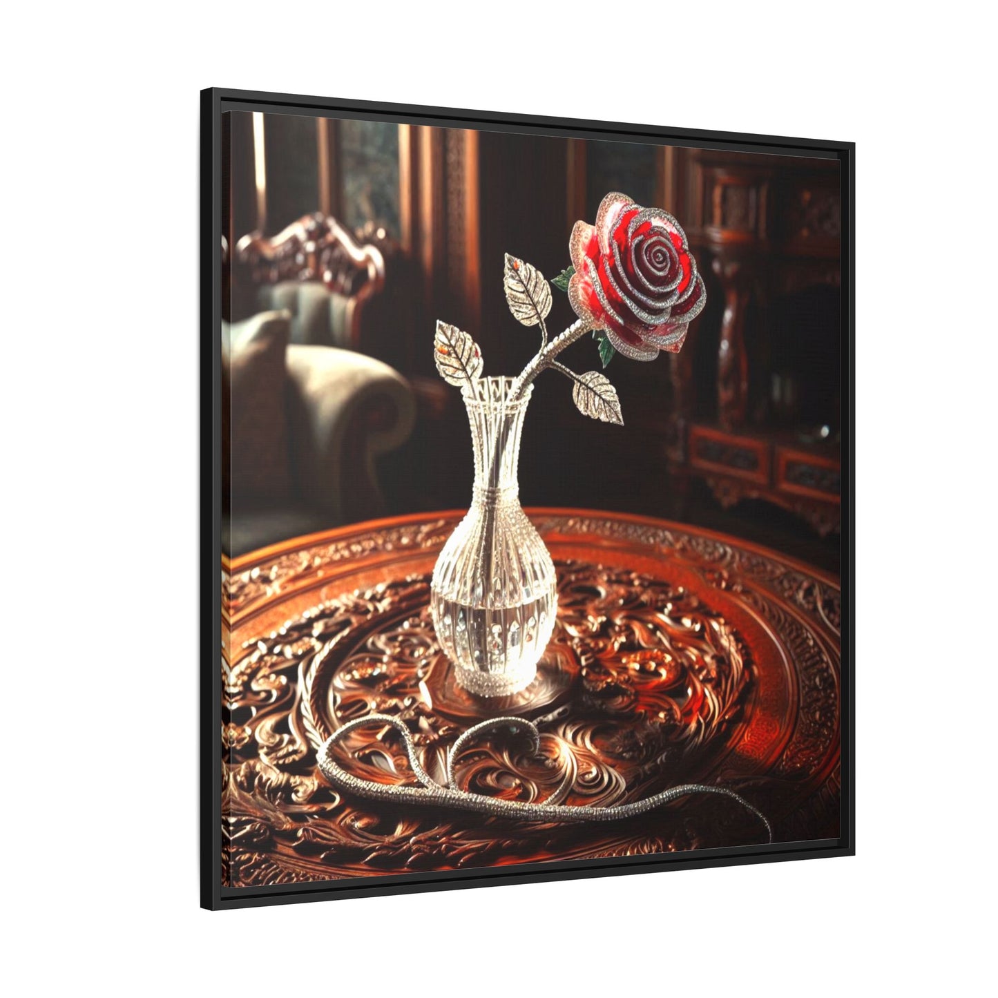 Bejeweled Red Rose Framed Canvas Print Wall Art Unique Fashion Designer Haute Couture Fashionista Flower Lover Gift Decor 3 Frame Colors