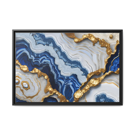 Blue, White and Gold Quartz Crystal Geode Design Print Matte Canvas Wall Art Nature Lover Gift Geology Rock Lover Gift 3 frame color choices