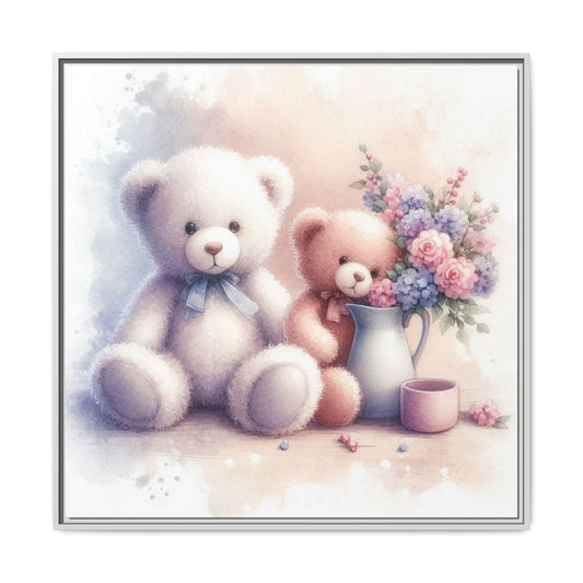 Whimsical Nursery Decor Pastel Floral Teddy Bear Design Wall Art Unique Sweet Baby Room Framed Canvas Print Unisex Baby Shower Gift