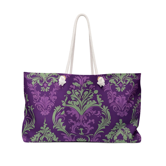 Elegant Damask Weekender Bag | Beach Bag | Overnight Bag | Shopping Bag | Royal Purple | Tote Bag |