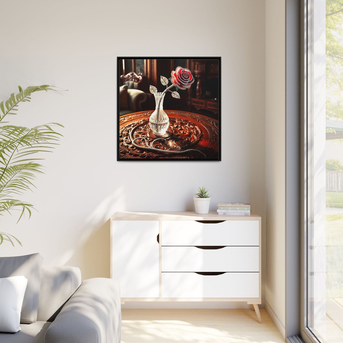 Bejeweled Red Rose Framed Canvas Print Wall Art Unique Fashion Designer Haute Couture Fashionista Flower Lover Gift Decor 3 Frame Colors