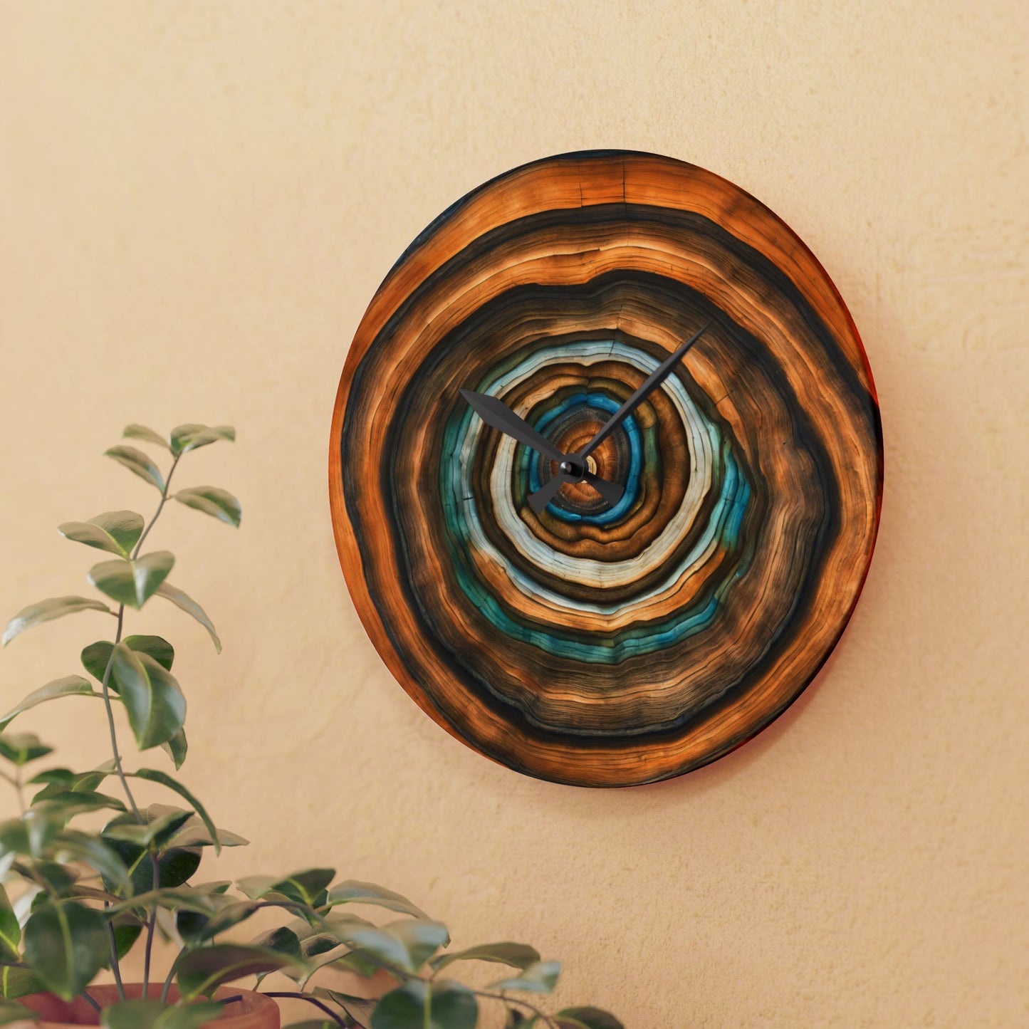 Rustic Tree Rings Wood-look Design Acrylic Clock Unique Colorful Wall Clock for Kitchen or Living Room Nature Lover Gift