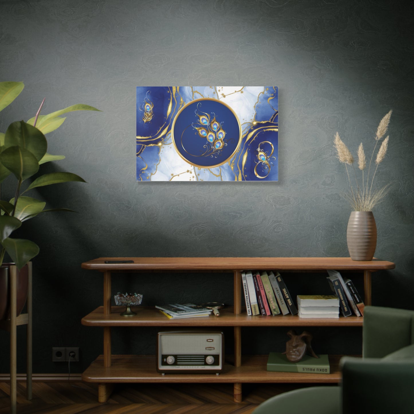 Elegant Abstract Peacock Feather Print Wall Art | Matte Canvas, Stretched 1.25" | Flowers | Modern | Blue and Gold |