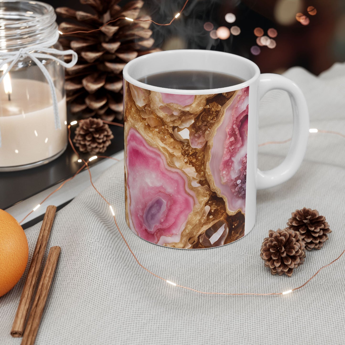 Pink and Gold Quartz Crystal Geode Design Coffee Tea Mug Boho Marble Gemologist Gift for Her Nature Lover Amethyst Stone Rock Geology Gift