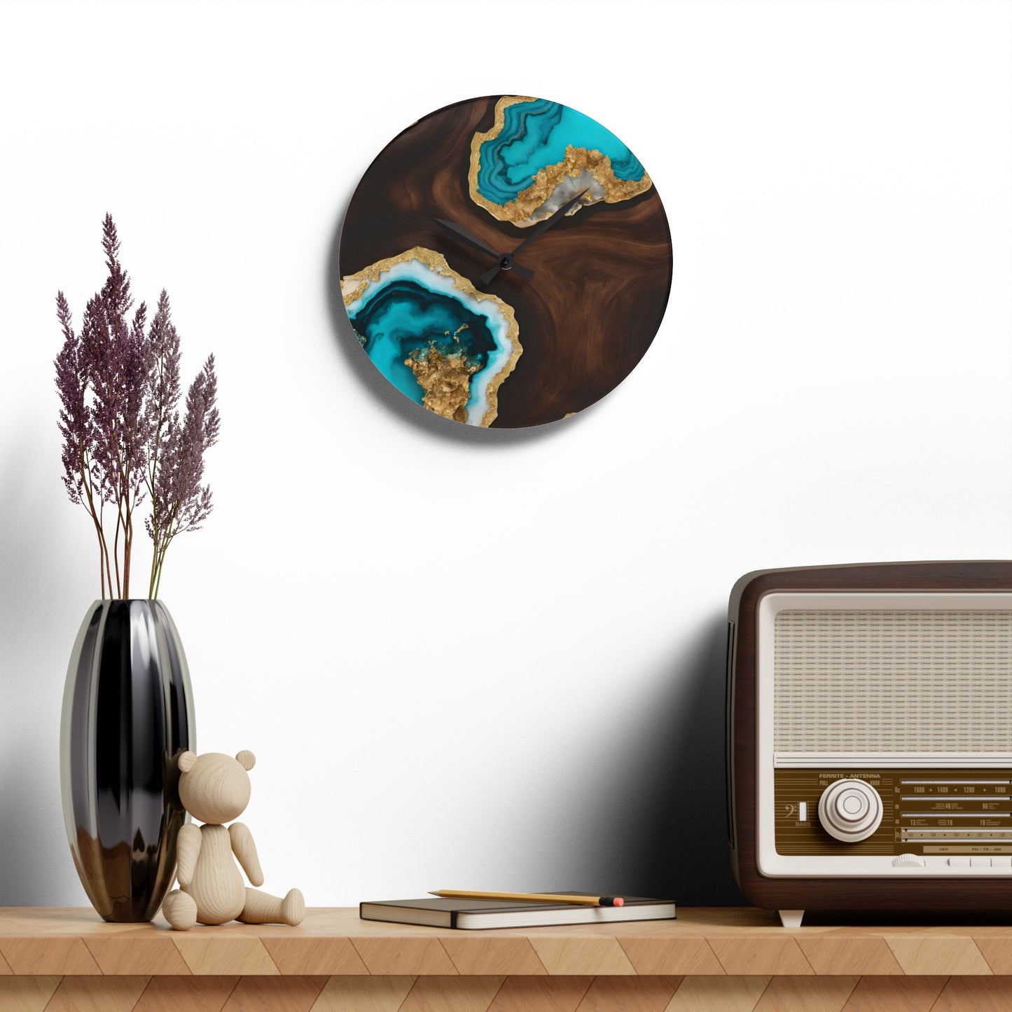 Rustic Wood-look Geode Design Acrylic Clock Unique Colorful Wall Clock for Kitchen or Living Room Nature Lover Gift