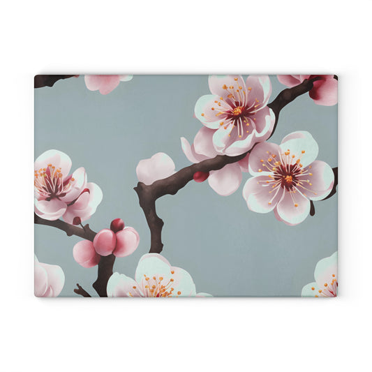 Kitchen Decor Glass Cutting Board Serving Tray with Plum Blossom Design Floral Pattern Cutting Board Gift for Home Cook Charcuterie Board