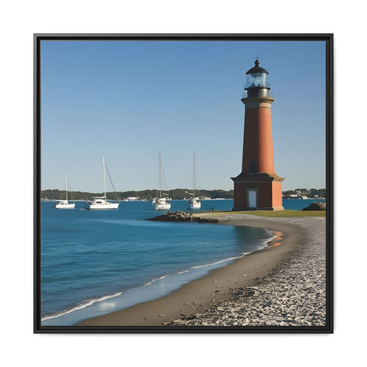 Lighthouse on the Beach Unique Framed Canvas Print Wall Art Nature Lover Gift Beachy Sailboats in the Ocean Vacation Decor 3 frame colors