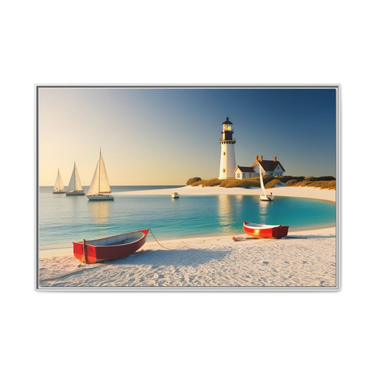 Lighthouse on the Beach Unique Framed Canvas Print Wall Art Nature Lover Gift Beachy Sailboats in the Ocean Vacation Decor 3 frame colors