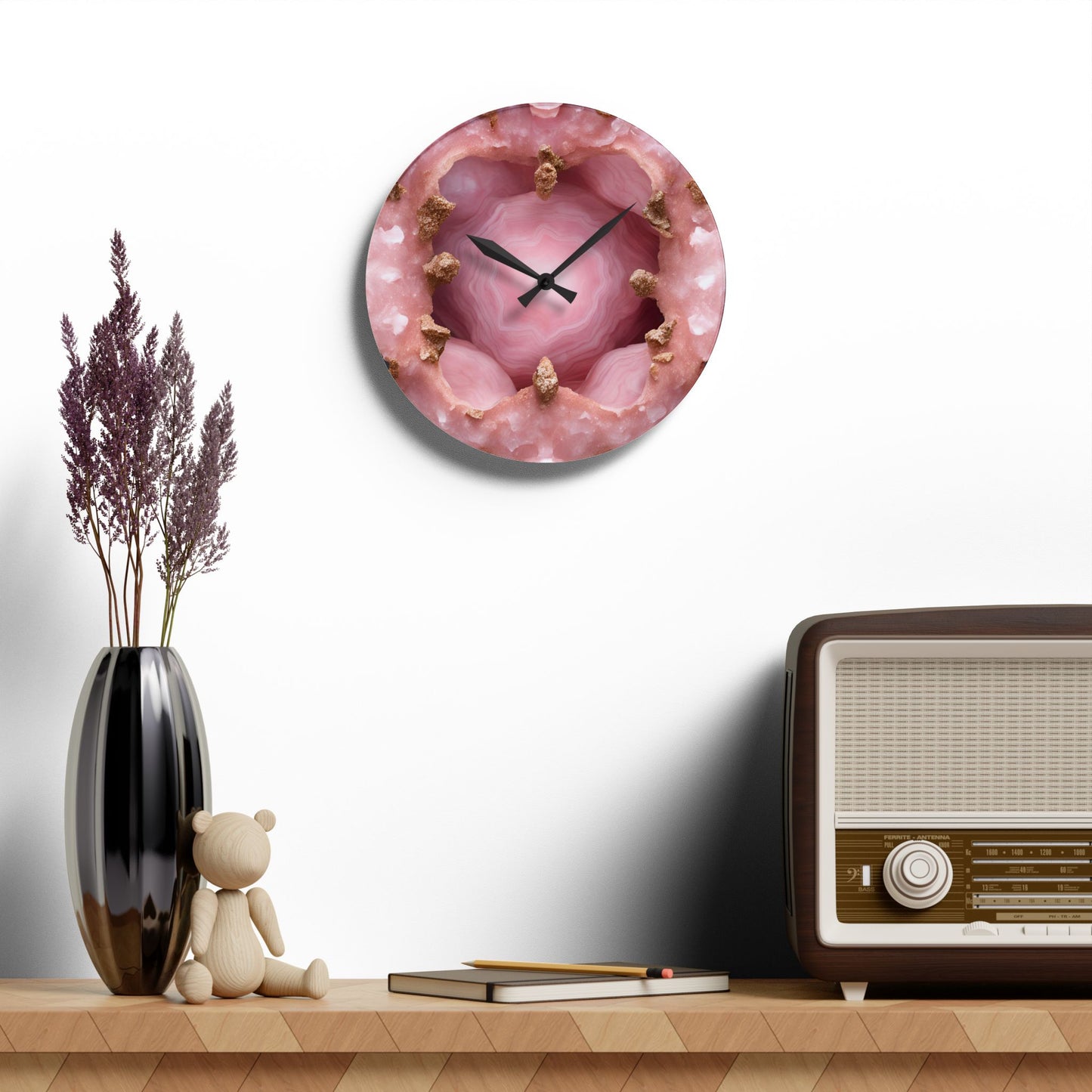 Pink Quartz Crystal Geode Unique Design Acrylic Wall Clock Agate Crystal Lover Gemologist Gift Nature Lover Rock Gift