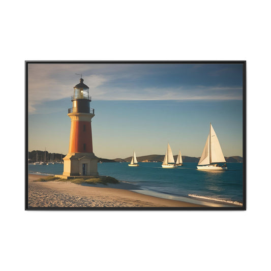 Lighthouse on the Beach Unique Framed Canvas Print Wall Art Nature Lover Gift Beachy Sailboats in the Ocean Vacation Decor 3 frame colors
