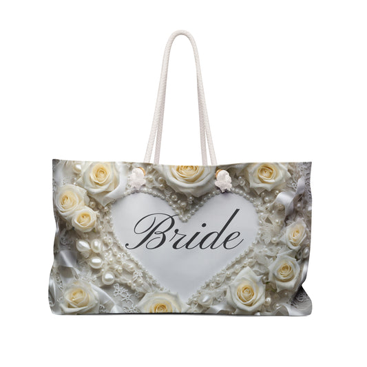 Pearl and Lace Bridal Heart Design Weekender Tote Bag Minimalist Traditional Rose Wedding Gift Bridal Shower Gift for Her Wife to Be Gift