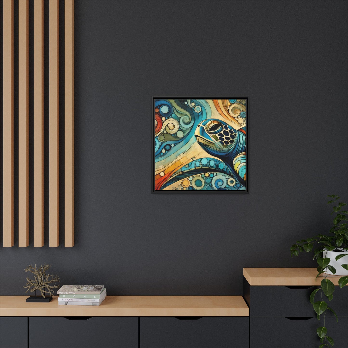 Modern Sea Turtle Print Abstract Design Unique Framed Canvas Print Oceanic Wall Art Animal Lover Gift Nature Lover Decor 3 frame colors