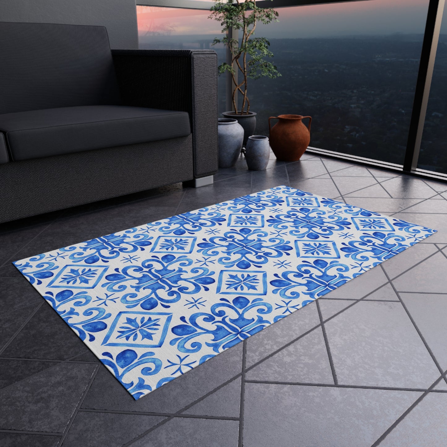 Chenille Print Pattern Outdoor Rug with No-Skid Backing Cozy Outdoor Carpet Patio Decor Gazebo Rug Pool Area Decor Outdoor Kitchen Carpet