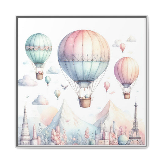 Whimsical Nursery Decor Pastel Balloon Design Art Unique Sweet Baby Room Framed Canvas Print Unisex Baby Shower Cloud Decor 3 frame colors