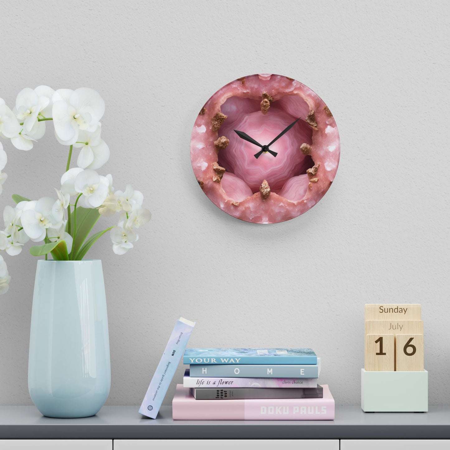 Pink Quartz Crystal Geode Unique Design Acrylic Wall Clock Agate Crystal Lover Gemologist Gift Nature Lover Rock Gift