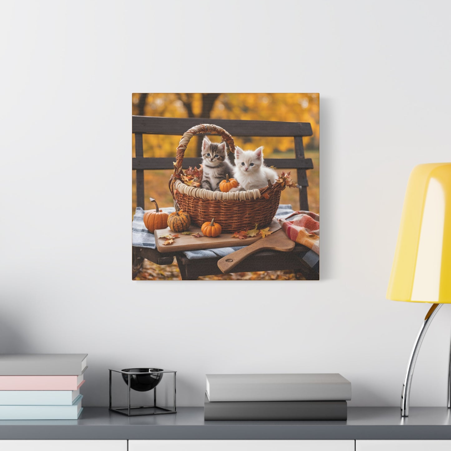 Kittens in Basket Fall Print Wall Art | Matte Canvas, Stretched, 1.25" | Cat Lover | Autumn | Pumpkins |