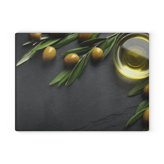 Kitchen Decor Glass Cutting Board Serving Tray with Olives and Olive Oil Design Cutting Board Gift for Home Cook Charcuterie Board