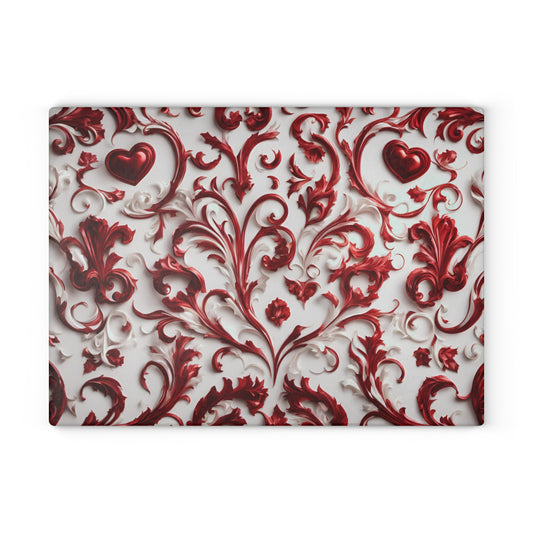 Kitchen Decor Glass Cutting Board Serving Tray with Heart Design Retro Damask Pattern Cutting Board Gift for Home Cook Charcuterie Board