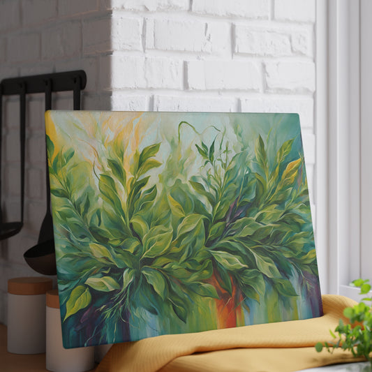 Kitchen Decor Glass Cutting Board Serving Tray with Modern Garden Herbs Pattern Cutting Board Gift for Home Cook Charcuterie Board