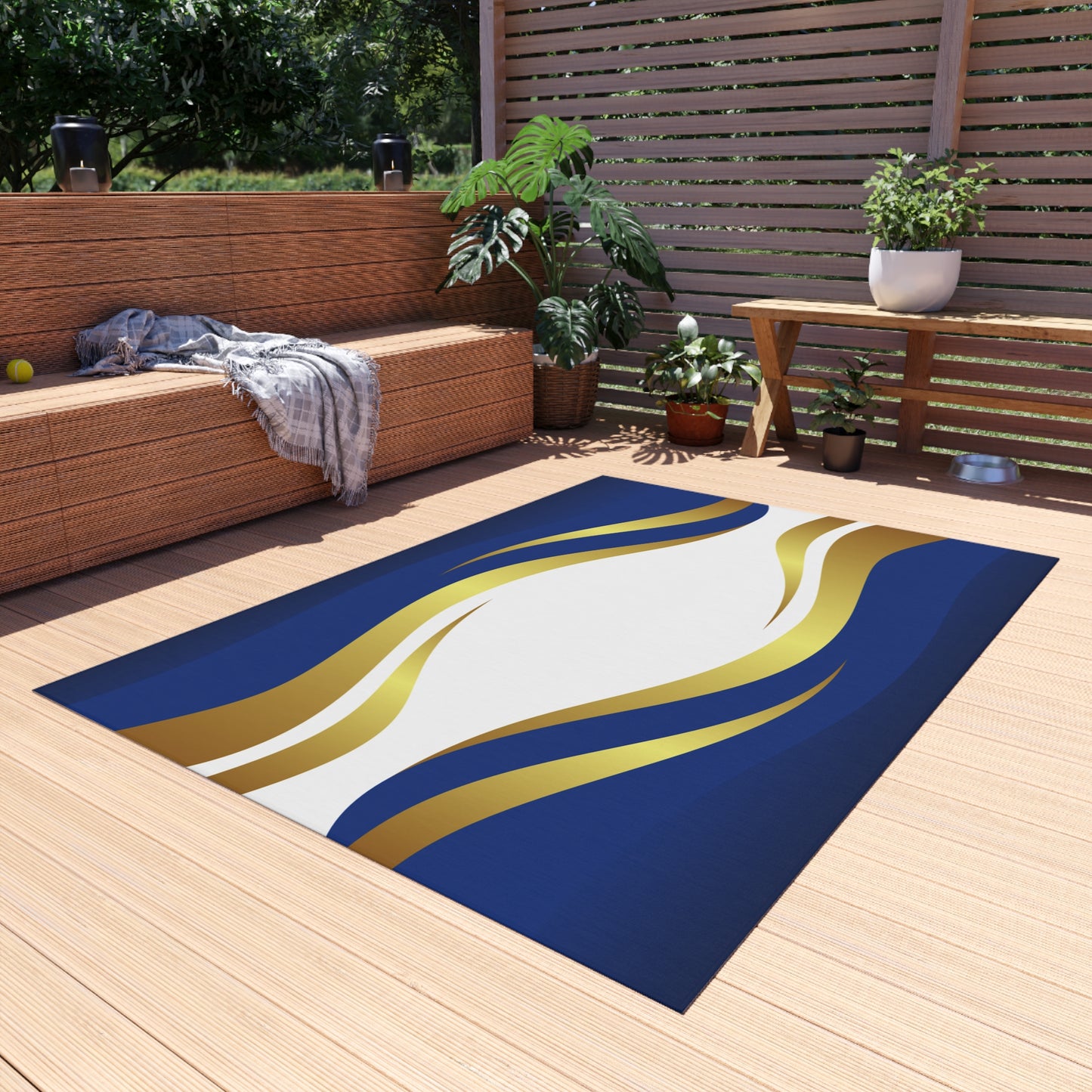 Modern Wave Design Chenille Outdoor Rug No-Skid Backing Cozy Outdoor Beachy Patio Decor Gazebo Rug Pool Area Decor Outdoor Kitchen Carpet